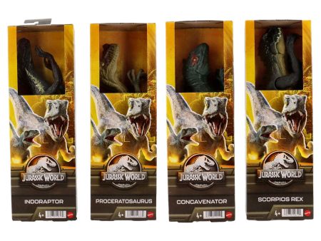 Dinosauro Jurassic World Mattel, 30 cm - 4 figure assortite | Multicolor, plastica, età 3+, scatola con vetrina Scorpios Rex, Proceratosaurus, Indoraptor, Concavenator Online