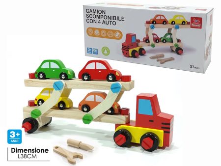 Camion con 4 auto di legno 38cm Discount