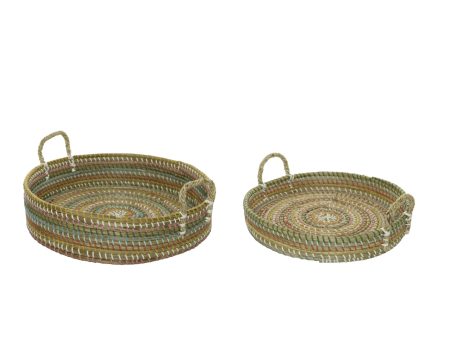 Set da 2 - Cesto vassoio decorativo rotondo in erba marina, stile etnico con fasce multicolori - d.45xh.11cm e d.40xh.7cm - Kaemingk Online Hot Sale